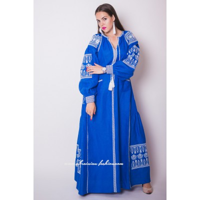 Boho Style Embroidered Maxi Dress Blue with White Embroidery